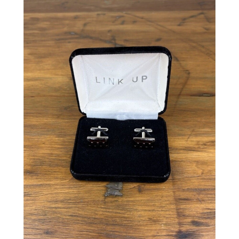 LINK UP Men's Cufflinks Purple Enamel Silver Tone Cage Grid Woven Boxed Vintage